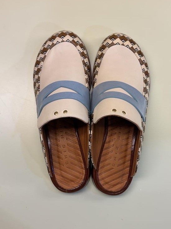 Chie Mihara Shoes - Chie Mihara Cream and Light Blue Patterned-Trim Slip-On Loafers